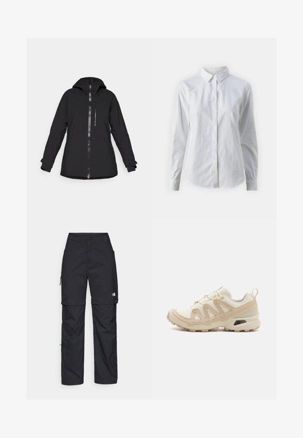 Juodas vandeniui atsparus džemperis su užtrauktuku priekyje, gaubtu ir šoninėmis kišenėmis. Sukurtas su ilgomis rankovėmis ir reguliuojamais rankogaliais, turi elegantišką dizainą.; Balta marškinėliai su mygtukais, pagaminti iš lygios medvilnės, su klasikiniais apykaklės, ilgomis rankovėmis ir lenktu kraštu. Mygtukai maži ir balti.; Juodos nailoninės krovinių kelnės su reguliuojamais rankovėmis, daugybe kišenių ir logo ant dešinės kojos. Lygi, lengva tekstūra.; Bežinės ir kreminės spalvos sportinės bateliai su tekstūruoto tinklelio viršutine dalimi, palaikančiomis detalėmis ir guminiais padais, turinčiais raštą, užtikrinantį sukibimą.