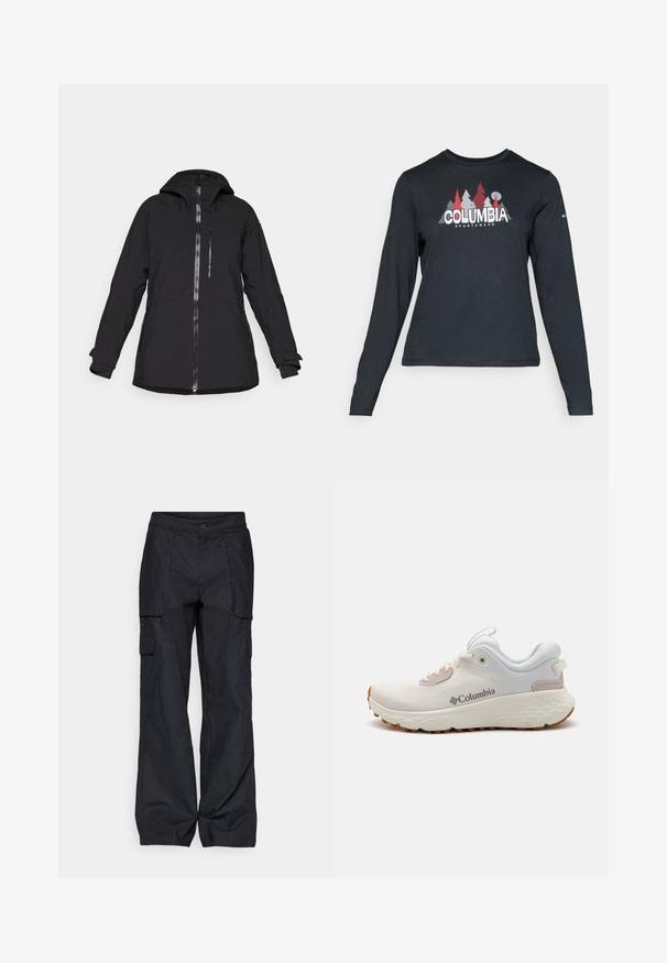 Fekete vízálló dzseki cipzárral az elülső részen, kapucnival és oldalsó zsebekkel. Hosszú ujjak jellemzik, állítható mandzsettákkal és letisztult dizájnnal.; Hosszú ujjú, sötétszürke ing piros fákkal és hegyekkel díszítve; a "COLUMBIA" logó vastag fehér betűkkel. Puha anyag, klasszikus kerek nyakkivágás.; Columbia BREA FALLS™ COTTON RIPSTOP PANT - Szabadtéri nadrágok - black; Könnyű Columbia sportcipő fehér hálóból, texturált szürke talppal és gumis csúszásmentes betéttel. Jellemzője a párnázott gallér és a fűzős kialakítás.