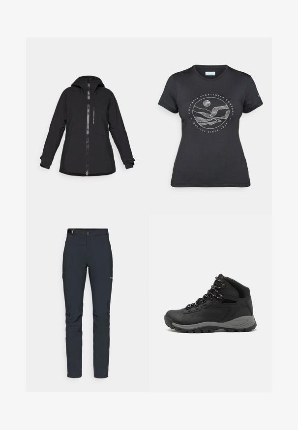 Must have veekindel must jope, millel on lukuga eesmine osa, kapuuts ja küljetaskud. Omab pikki varrukasid, millel on reguleeritavad mansetid, ning sujuvat disaini.; Musternine Columbia T-särk mustas värvuses, millel on valge ümmargune mägi ja jõe joonistus ning tekst "Columbia Sportswear Company Outside Since 1938."; Meeste välkpüksid, tumehallid, valmistatud paindlikest materjalidest, vöökohaga, tõmblukuga taskud ja tugevdatud õmblused.; Mustarjaline matkasaabas, millel on keskmine disain, tekstuuriga ülemine osa, hallid aktsendid ja vastupidav kummist põhi, millel on haardelugesid.