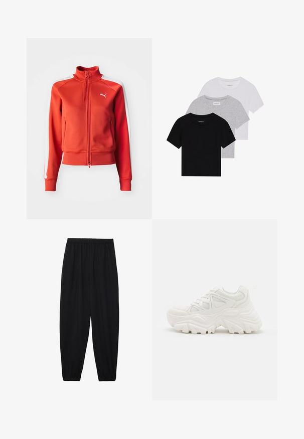 Rode zip-up jas gemaakt van een gestructureerde stof. Bevat een staande kraag, witte zijstrepen en een klein wit logo op de borst.; Set van drie korte mouwen t-shirts in zwart, grijs en wit. Gemaakt van katoen, met een ronde hals en een eenvoudig, effen kleurontwerp.; Zwarte, lichte broek met een elastische tailleband en gathered enkels. De stof is glad en heeft een ontspannen, taps toelopend ontwerp.; Witte chunky sneakers met een textuur bovenwerk, meshpanelen en dikke rubberen zolen met een uitgesproken profiel. Inclusief veters en een aantreklip.