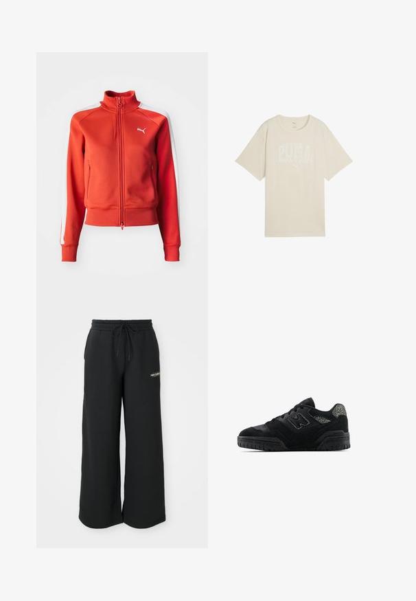 Chaqueta roja con cremallera hecha de tejido texturizado. Presenta un cuello alzado, rayas laterales blancas y un pequeño logotipo blanco en el pecho.; Camiseta de algodón beige con un corte relajado, que presenta un diseño gráfico blanco que dice "club deportivo PUMA" y un pequeño logo arriba.; Pantalones de chándal de pierna ancha en negro, fabricados con una tela suave, que cuentan con una cintura elástica con cordón y un pequeño logotipo en el lado izquierdo.; Zapatilla negra de perfil bajo con suela texturizada, diseño de cordones, paneles de gamuza y acentos con patrón en el talón y el logo lateral.