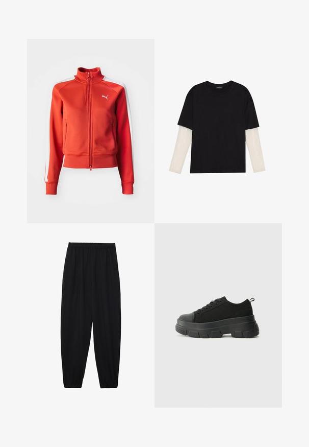 Red zip-up jacket made of textured fabric. Features stand-up collar, white side stripes, and a small white logo on the chest.; Black T-shirt made of cotton, featuring short sleeves over a white long-sleeve layer with a subtle textured pattern. Crew neckline design.; Black, lightweight pants with an elastic waistband and gathered ankles. The fabric is smooth and features a relaxed, tapered design.; Black sneakers with a chunky rubber sole, textured fabric upper, round toe, and lace-up design. Features reinforced eyelets and back pull tab.