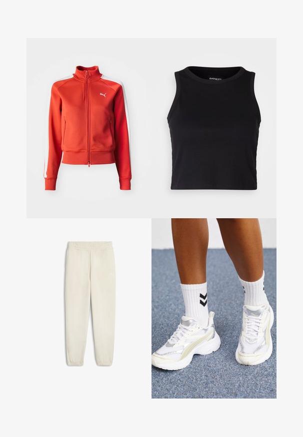Rote Zip-Jacke aus strukturiertem Stoff. Verfügt über einen Stehkragen, weiße Seitenstreifen und ein kleines weißes Logo auf der Brust.; Schwarzes, geripptes Cropped Tanktop mit rundem Ausschnitt und ärmellosem Design. Hergestellt aus weichem, dehnbarem Material, mit sauberen, gekettelten Kanten.; Helle beige Jogginghosen aus weichem Stoff, mit einem elastischen Bund, Bündchen am Knöchel und einem kleinen weißen Logo an der Seite.; Weiße Sneaker mit silbernen Akzenten, aus Mesh-Material und im klobigen Design. Kombiniert mit weißen Socken, die mit schwarzen Chevron-Mustern verziert sind.