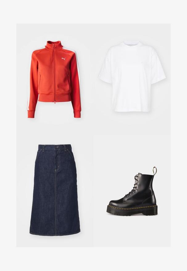 Veste zippée rouge en tissu texturé. Dotée d'un col montant, de bandes latérales blanches et d'un petit logo blanc sur la poitrine.; T-shirt en coton blanc avec un col rond, des manches courtes et une coupe décontractée. Présente un logo discret sur la zone gauche de la poitrine. Texture lisse.; Jupe en denim foncé à taille haute, coupe droite, poches avant et coutures surpiquées. Fermeture à glissière et bouton à la taille.; Bottes chelsea en cuir noir avec lacets, à semelle épaisse noire et couture jaune. Comprend une anse à l'arrière et des œillets en métal circulaires.