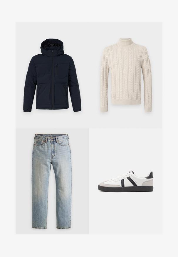 Navy blue puffer jacket with a hood. Features a front zip, two side zip pockets, and one chest pocket. Smooth fabric with a padded texture.; Beige, knitted sweater with a high, ribbed turtleneck. Features a textured cable pattern and ribbed cuffs and hem, offering a cozy appearance.; Light blue denim jeans with high waist, front button, zipper, and five-pocket design, laid flat on a neutral background.; White sneaker with black and gray accents, featuring a textured gray toe cap, black rubber sole, and flat white laces. Clean design, minimalist style.