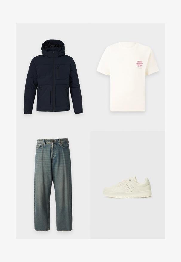 Tamsiai mėlynas pūkinis švarkas su gobtuvu. Savybė - priekinis užtrauktukas, dvi šoninės kišenės su užtrauktukais ir viena krūtinės kišenė. Lygus audinys su paminkštinta tekstūra.; Balta trumpa rankovėmis marškinėliai su raudonu užrašu "Studio Originals Edition" kairiajame krūtinės šone, rodomi neutralioje pilkoje aplinkoje.; Šviesiai mėlyni džinsai su laisvu siluetu, vidutinio aukščio juosmeniu ir tiesiomis kojomis. Su penkiais kišenėmis, diržo kilpo ir mygtukų uždarymu.; Kremo spalvos sportbačiai su perforuotomis detalėmis, raišteliais ir logotipu šone, išdėstyti prieš paprastą baltą foną.