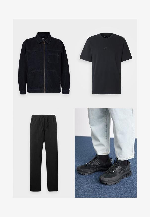 Dark denim jacket with a zip front, pointed collar, and one chest pocket. Features two front pockets and an unembellished design.; Nike black cotton t-shirt with a classic crew neck, short sleeves, and a subtle, embossed logo on the chest. Smooth texture.; Black sweatpants made of fleece, featuring an elastic waistband with drawstrings, two front pockets, and a small logo on the thigh.; Black athletic shoes with textured fabric and rubber soles, featuring elastic laces and a blue accent on the heel. Worn with light denim pants.
