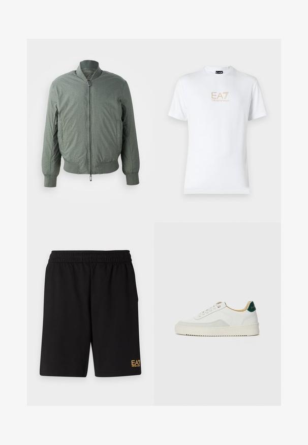 Olijfgroen bomberjack met een rits aan de voorkant, ribgebreide kraag en manchetten, met een gestructureerd patroon van herhaalde logo's en twee zijzakken.; Witte katoenen t-shirt met een ronde halslijn en korte mouwen, voorzien van een gouden EA7 Emporio Armani-logo op de voorkant.; Zwarte sportshorts van zacht materiaal, met een elastische tailleband en een klein geel EA7-logo op de onderste linkeronderbroek.; Witte sneaker met suède accenten, ronde neus, platte veters en een crème rubberen zool. Bevat groene branding op de hiel.