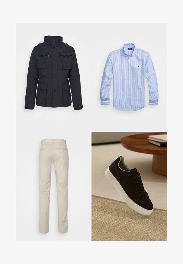 Juodas izoliuotas švarkas su užtrauktuku ir kišenėmis su sklendėmis, aukšta apykaklė, mygtukų užsegimas ir įtvirtinti rankogaliai. Lygi tekstūra ir pritaikytas siluetas.; Mėlynos ir baltos dryžuotos ilgomis rankovėmis medvilninė marškiniai, turintys sagtelę ant apykaklės, priekinius mygtukus ir mažą išsiuvinėtą logotipą krūtinėje.; Bežinės kelnės su lygia tekstūra, tiesiu pjūviu, dviem užpakalinėmis kišenėmis su sagomis ir standartine juosmena.; Juodas sportinis batelis su baltu padu, lekiančius virš smėlio spalvos tekstūruoto kilimo šalia apvalaus medinio stalo su sukrautomis knygomis.