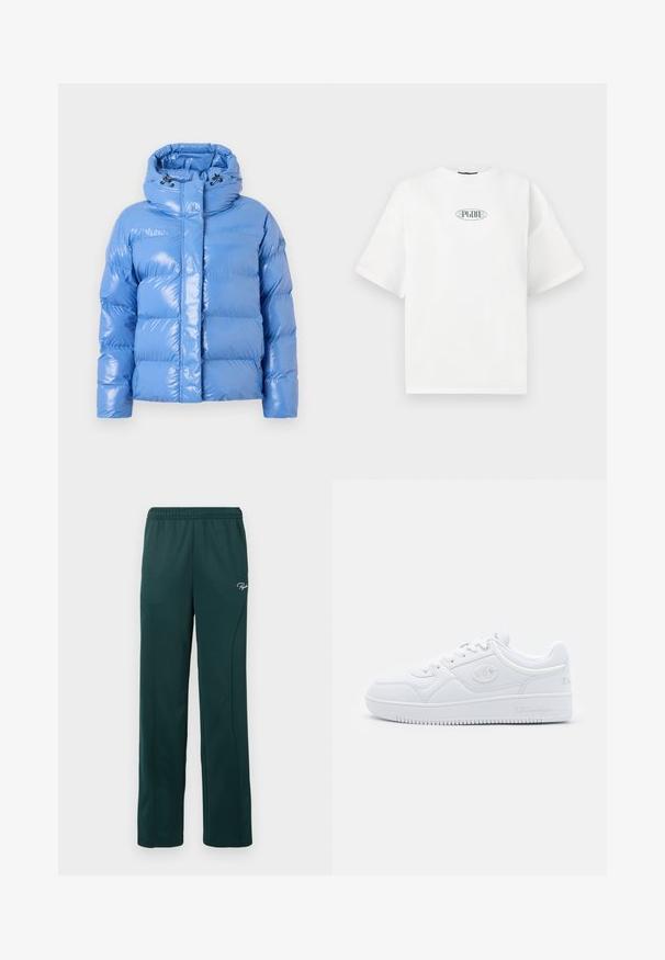 Iekšpildīta zila pūkainā jaka ar spīdīgu apdari, augstu apkakli un regulējamu auklu kapuci. Iekļauti riboti aproces un priekšējais rāvējslēdzējs.; Balta īsām piedurknēm T-kreklu no kokvilnas, ar grafisku logo zaļā krāsā ovāla formā krūšu centrā.; Tumši zaļi sporta bikses, izgatavotas no mīksta auduma, ar elastīgu jostu un sānu šuvēm, ar mazu logotipu priekšpusē.; Baltas sporta apavi, kas izgatavoti no gludas sintētiskas vielas, ar apaļu purngalu, plakanu zoli un uzsvērtiem logo akcentiem sānos. Klasisks zema profila dizains.