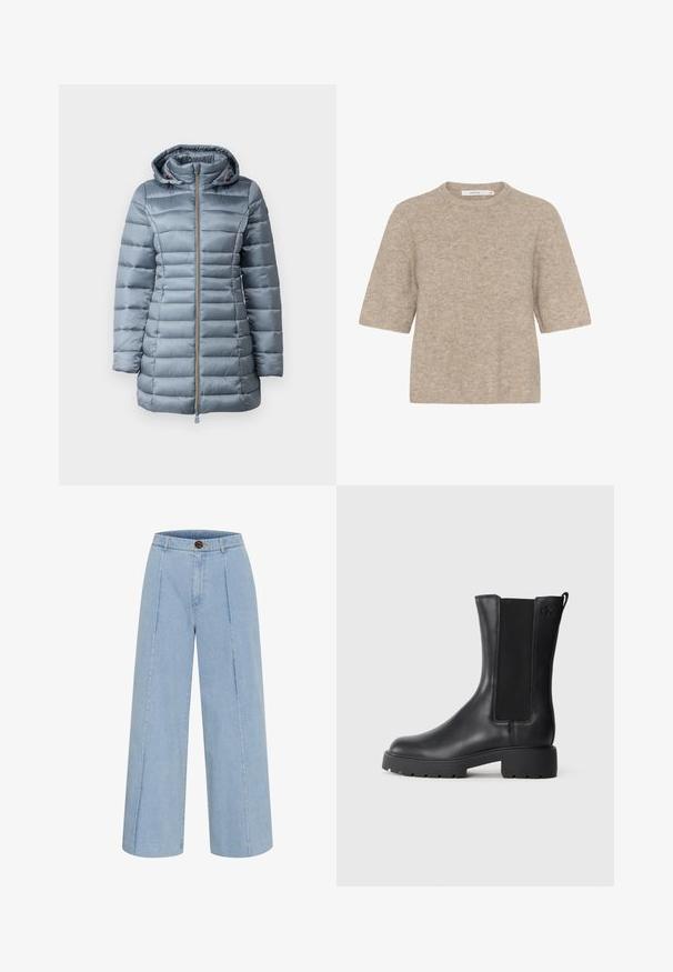 Giubbotto puffa grigio con cappuccio, caratterizzato da sezioni trapuntate orizzontali, una cerniera frontale e una morbida texture di tessuto lucido.; Maglione beige a maniche corte realizzato in morbido tessuto lavorato a maglia, con scollatura rotonda e vestibilità comoda. La texture è leggermente pelosa.; Jeans a gamba larga di colore blu chiaro realizzati in denim, dotati di chiusura a bottone e due cuciture frontali che corrono verticalmente.; Stivale alla caviglia in pelle nera con pannelli laterali elastici, punta arrotondata e suola in gomma spessa. Presenta un logo inciso in modo discreto sul lato.