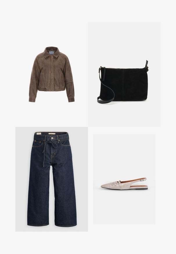 Hnědá suédová zkrácená bunda s límcem, předním zipem a bočními kapsami. Má strukturovaný design se shromážděným pasem a elastickými manžetami.; Bílá košile s dlouhým rukávem a knoflíky, s límečkem a volánkovými manžetami, vystavená na jednolitém světlém šedém pozadí.; Tmavě modré džíny s širokým střihem a stahovacími pásky v pase, předními kapsami a kontrastním oranžovým stehováním.; Světlé béžové slingback boty s špičatou špičkou, jemnou semišovou texturou, s dvěma dekorativními přezkami a nízkým plochým podpatkem.; Černá semišová křížová taška se zipovým zavíráním, plochým obdélníkovým designem a odnímatelným popruhem pro všestrannost. Hladký povrch, minimalistický styl.