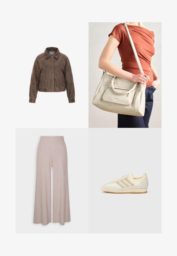 Braune Wildleder-Cropped-Jacke mit einem Kragen, Frontreißverschluss und Seitentaschen. Hat ein strukturiertes Design mit geraffter Taille und elastischen Bündchen.; Weißes Baumwoll-T-Shirt mit einem grafischen Design, das eine Sonne, Palmen und Wasser zeigt. "ADIDAS Sports Club" in grün und gelb aufgedruckt.; Hellgraue, weit geschnittene Hose aus weichem, geripptem Stoff, mit hohem Bund und langen Beinen, die eine subtile Textur aufweisen.; Cremefarbene sportliche Sneakers mit drei beigen Streifen, aus Wildleder und Textilmaterialien, einer strukturierten Sohle und geprägtem Branding an der Ferse.; Weiße Lederhandtasche mit zwei Griffen und einem abnehmbaren Schulterriemen, ausgestattet mit einer vorderen Reißverschlusstasche und glatter Textur. Wird am Arm einer Person getragen.
