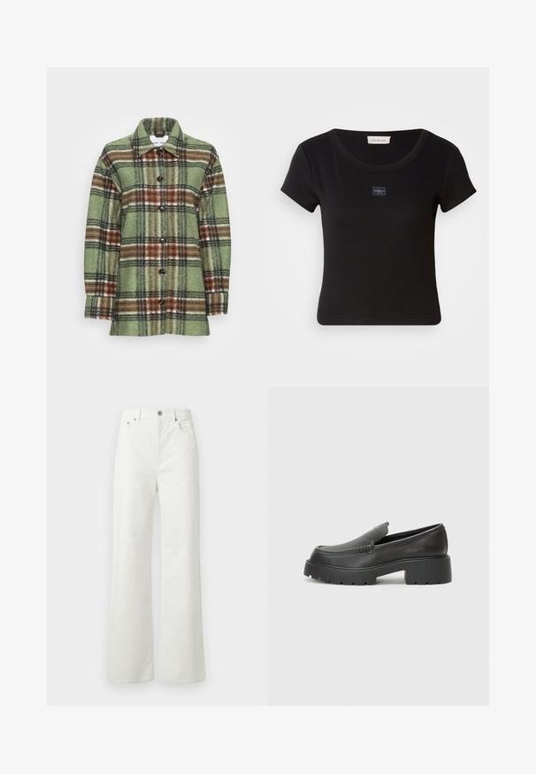 Samsøe Samsøe ROSALIE OVERSHIRT - Casaco curto - dark ivy; Camiseta preta de manga curta com textura canelada, apresentando um pequeno emblema no peito e um decote arredondado.; Samsøe Samsøe SHELLY - Calças de ganga de corte relaxado - clear cream; Mocassins de couro preto com bico arredondado, sola espessa e texturizada, e detalhes de costura minimalistas. Design elegante sem atacadores ou ferragens visíveis.