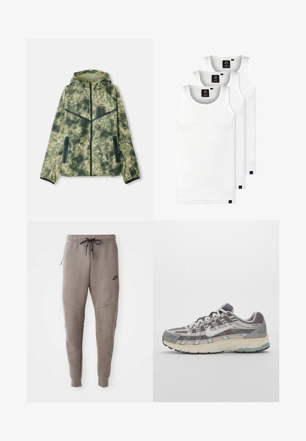 Maskovacia bunda s kapucňou, vyrobená z vodeodpudivého materiálu v odtieňoch zelenej, kombinovaného s čiernymi akcentmi a vreckami na zips.; Tri biele rebrované tielka vyrobené z bavlny. Majú okrúhly výstrih a malé čierne štítky pri leme. Dostupné v rôznych veľkostiach.; Sivé tepláky Nike s nastaviteľným pásom, zúženými nohavicami, bočnými vreckami a výrazným švom. Mäkká, textúrovaná látka.; Šedá športová obuv so zvrškom z nylonu a semišu, bielymi akcentmi, polstrovanou podrážkou a jedinečným dizajnom s reflexnými prvkami.
