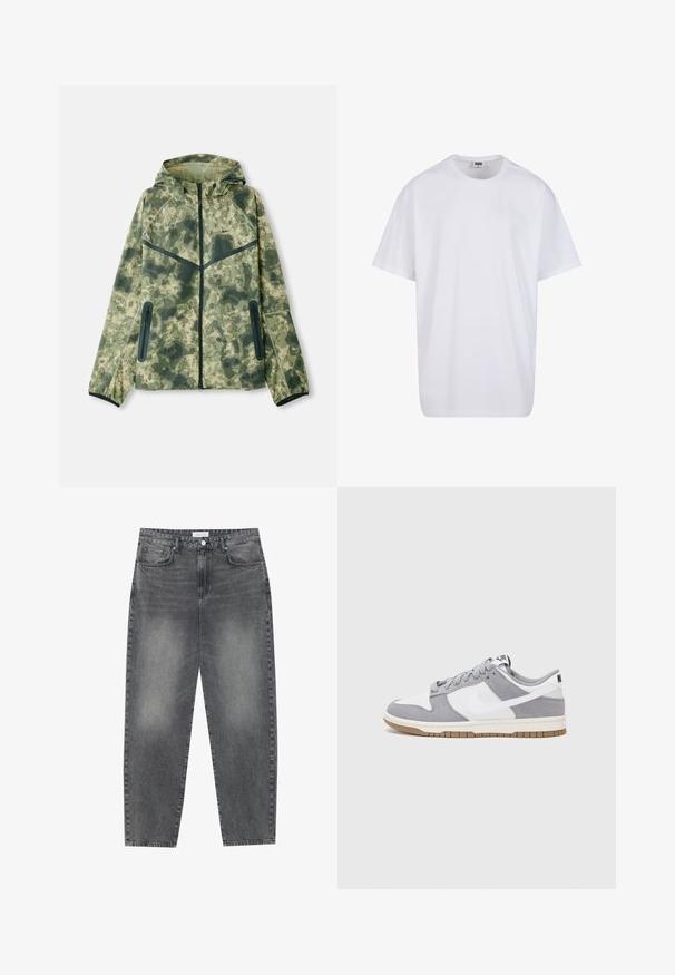 Jakna za kamuflažo s kapuco, izdelana iz vodoodpornega materiala v odtenkih zelene barve, združena s črnimi poudarki in z zadrgami opremljenimi žepi.; Bela bombažna majica s kratkimi rokavi, okroglim izrezom, sproščenim krojem in brez vidnih logotipov ali vzorcev. Gladka tekstura in minimalen dizajn.; Visoko pasovi, široke kavbojke iz obledelog črnega denima. Imajo pet žepov, zanke za pas in čisto, ravno obliko nog. ; Sive in bele teniske s suknim in usnjem zgornjim delom, zaobljenim nosom, ravnimi vezalkami in gumijastim podplatom z dodatkom gumijaste barve.