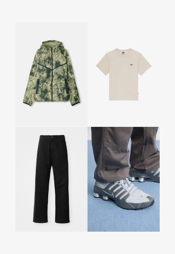 Kamuflasjjakke med hette, laget av vannavstøtende stoff i nyanser av grønt, kombinert med svarte detaljer og glidelåslommer.; Kremfarget bomullst-skjorte med korte ermer, rund hals og en liten flerfarget brodert logo på brystet.; Svart denimbukser med rett snitt, med frontlommer, glidelåsgylf og en enkelt knapp i toppen. Teksturert stoff med matt overflate.; Grå og sølv Nike Shox-sneakers har et slankt design, med mesh- og syntetiske materialer, en rund tå og en polstret krage.
