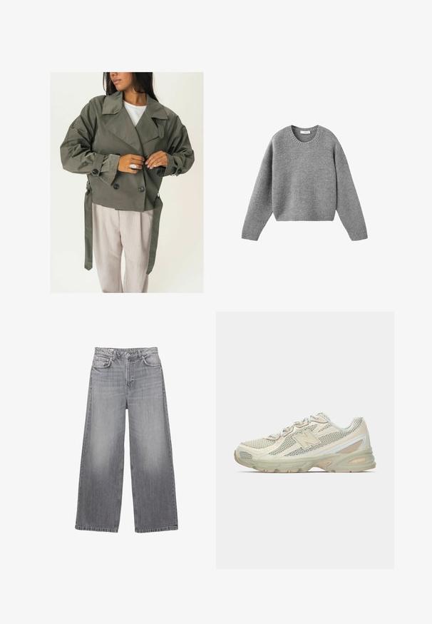 Maslinasto zelena dvostruko kopčana jakna s širokim ovratnikom, velikim crnim gumbima i bočnim vezicama, u kombinaciji s svijetlim bež hlačama. Glatka tekstura.; Sivi pleteni pulover s okruglim izrezom, dugim rukavima i rebrastim rukavima i donjim rubom, položen ravno na bijeloj pozadini.; Sive traperice širokog kroja s visokim strukom, pet džepova, izblijeđena obrada i kontrastni šavovi. Imaju zatvaranje na dugme i petlje za remen.; Lagane tenisice s mrežastim gornjim dijelom u bež i krem boji, s istaknutim logotipom "N", mekanim potplatom i teksturiranim detaljima.