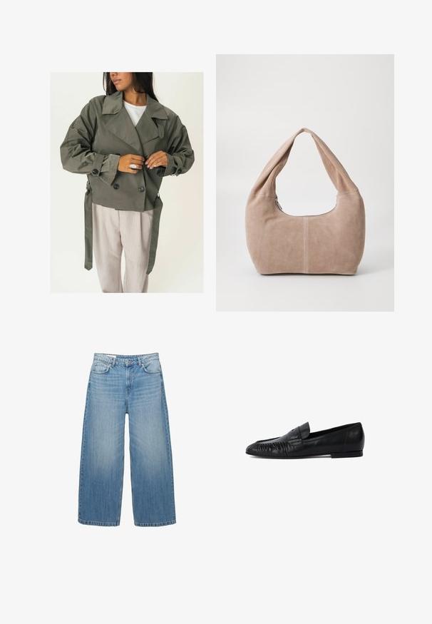 Giacca doppiopetto verde oliva con ampio colletto, grandi bottoni neri e lacci laterali, abbinata a pantaloni beige chiaro. Texture morbida.; Maglione nero a maglia con scollo rotondo, maniche lunghe e design cropped. Realizzato in un materiale morbido con una texture liscia.; Jeans a gamba larga di un blu chiaro in denim, con un classico design a cinque tasche e chiusura con bottone. Texture scolorita in tutta la superficie.; Mocassini in pelle nera con punta arrotondata, dettagli cuciti sul davanti e suola piatta. Design minimalista con un sottile accento del logo.; Borse hobo realizzata in morbido materiale scamosciato di colore beige chiaro. Caratterizzata da una forma arrotondata con una tracolla ampia e chiusura con zip.