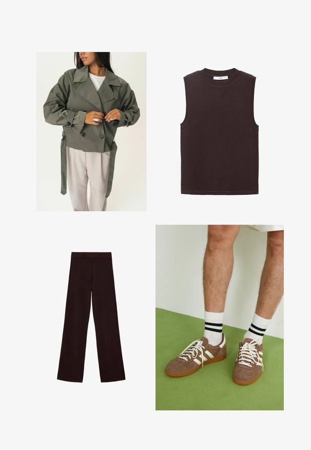 Maslinasto zelena dvostruko kopčana jakna s širokim ovratnikom, velikim crnim gumbima i bočnim vezicama, u kombinaciji s svijetlim bež hlačama. Glatka tekstura.; Bezrukavni pulover u tamnosmeđoj boji, napravljen od meke, teksturirane tkanine. Ima okrugli izrez i rebraste rubove na otvorima za ruke i donjem rubu.; Braon široke hlače od mekog materijala, s debelim pojasom i glatkom teksturom, bez vidljivih uzoraka ili hardvera.; Smeđe nubuk tenisice s bijelim detaljima i vezicama. Gumeni potplat. Nosene s bijelim čarapama s crnim prugama. Zeleno teksturirano pod.