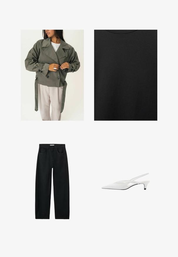Maslinasto zelena dvostruko kopčana jakna s širokim ovratnikom, velikim crnim gumbima i bočnim vezicama, u kombinaciji s svijetlim bež hlačama. Glatka tekstura.; Crni pamučni materijal s glatkom teksturom i okruglim izrezom, s nježnim, ravnomjernim uzorkom. Nema vidljivih logotipa ili akcenata.; Crne traperice ravnog kroja s visokim strukom, prednjim džepovima, petljama za remen i vidljivim šavovima na bijeloj pozadini.; Bijela slingback potpetica s oštrom punta, koja ima glatki gornji dio, suptilne izreze i nisku blok potpeticu. Crna potplata naglašava dizajn.