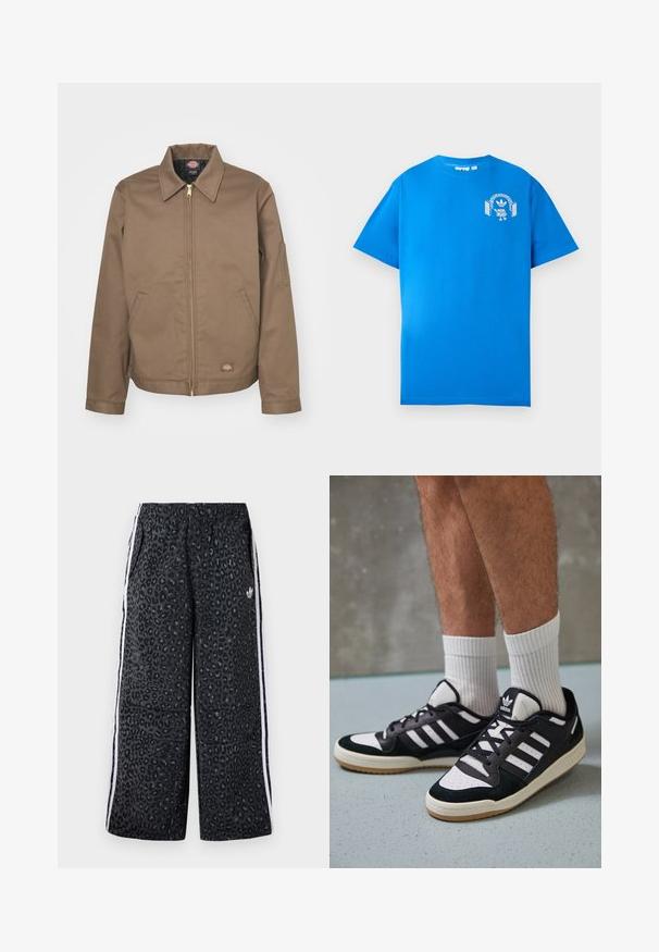 Dickies LINED EISENHOWER JACKET - Ľahká bunda - mushroom; Modrá bavlnená tričko s krátkymi rukávmi. Obsahuje biely grafický dizajn na prednej strane, zobrazuje postavu s slúchadlami a oblúkom.; adidas Originals GRAPHIC UNISEX - Tepláky - black; Čierno-biele tenisky s vrchom z semišu a kože, s troma bielymi pruhmi, perforovanou špičkou a gumovou podrážkou.