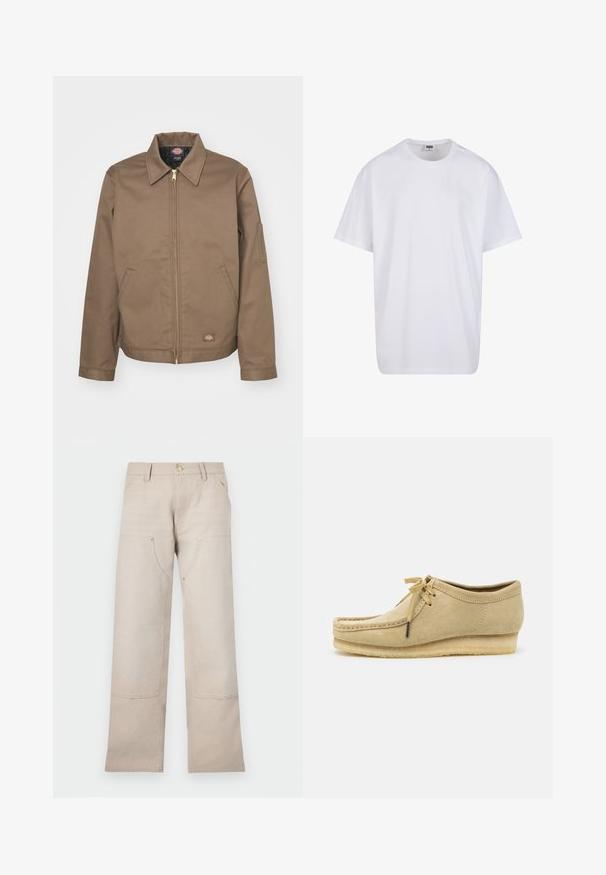 Dickies LINED EISENHOWER JACKET - Lengva striukė - mushroom; Balta medvilninė marškinėlių užsagėlė su trumpomis rankovėmis, apvaliu kaklu, laisva forma ir be matomų logotipų ar raštų. Lygi tekstūra ir minimalus dizainas.; Bežiniai medvilniniai džinsai tiesaus kirpimo, su dviem priekinėmis kišenėmis ir dviem užtrauktukų akcentais. Pabrėžti auksinės spalvos detalės.; Bežiniai zomšiniai batai su raištelių užsegimu, siuvinėjimo detalėmis ir guminiais padais. Forma yra kasdieniška su nedideliu pakulniu.