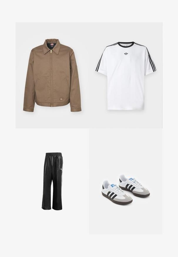 Dickies LINED EISENHOWER JACKET - Light jacket - mushroom; White T-shirt made of cotton, featuring a black round neckline and three black stripes on each shoulder. Small black logo on the chest.; Black synthetic track pants with an elastic waistband, featuring white side stripes and a small white logo on the left hip.; Sport shoes with a white leather upper, gray suede toe, and three black stripes. Features a blue logo on the tongue and a textured rubber sole.