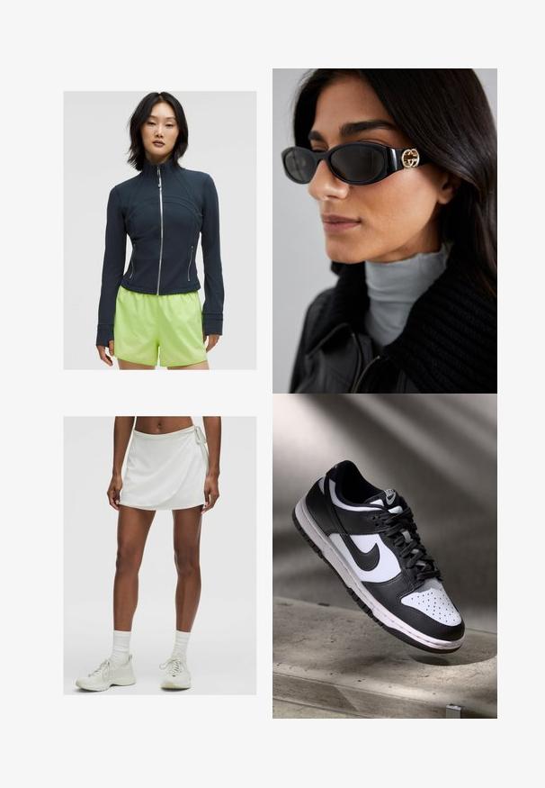 Tumed zip-up jakk, millel on kõrge krae. Sile ja veniv kangas, millel on kummargused õmblused ja kaks külgzipperit. Ühendatud erksa laimirohelise lühikeste pükstega.; Valge lühike top, millel on ümmargune kaelus ja laiad õlapaelad. Valmistatud siledast ja venivast kangast, millel on kaeluse ääres beež vooder.; Valge sportlik seelik-korts, millel on mähise disain ja mis on valmistatud sileda kangaga. Omab küljes lipsu ning on paaritatud heledate spordikingade ja sokkidega.; Mustvalge Nike Dunk Low tossud nahast ülaservaga, perforatsioonidega varbakoht ja mustad kengid, valge tallaga ja logo aktsentidega.; Mustad musternuga prillid, millel on ansamblil süsimust ristkülikukujuline raam ja külgedel kuldne logo. Tumeda objektiiviga ja läikiv viimistlus on silmatorkavad.