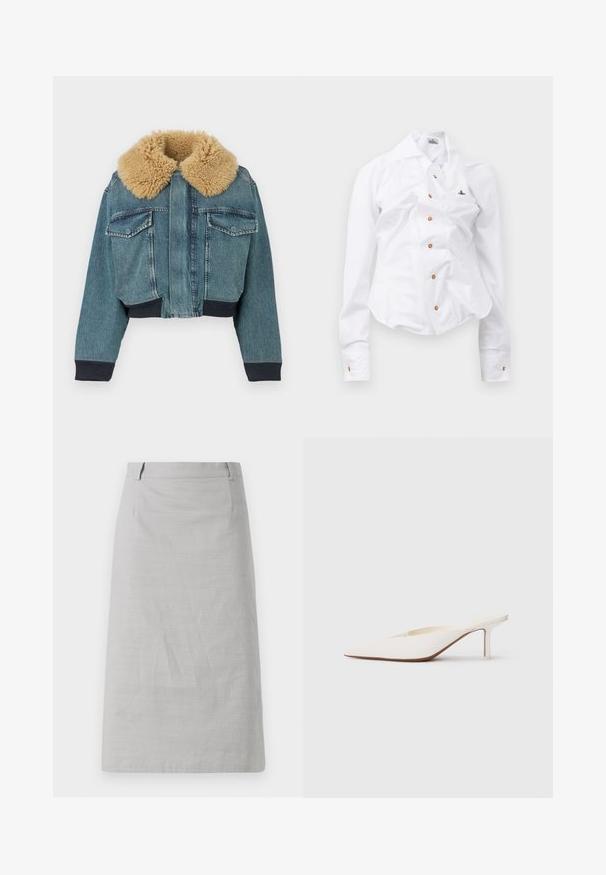 Denimjack met grote beige nepbontkraag, voorflappockets, geribde manchetten en geribde tailleband op een witte achtergrond.; Witte longsleeve shirt met een getailleerd ontwerp. Voorzien van een grote kraag, sluiting met knopen aan de voorkant met bruine knopen en een klein geborduurd logo.; Grijze kokerrok met een gladde textuur, een aansluitende vorm en een platte tailleband, met zijsnijden en zonder zichtbare patronen of accenten.; Witte muiltjes met spitse neus en een lage stilettohak. Gemaakt van glad materiaal met een minimalistisch ontwerp en subtiele tan kleurige zooldetails.