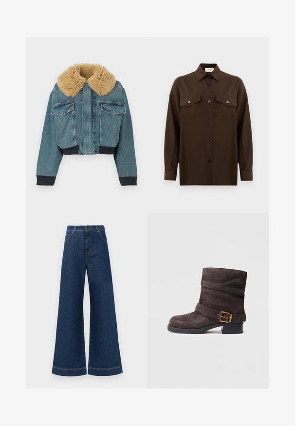 Veste en denim avec grand col en fausse fourrure beige, poches à rabat sur le devant, poignets côtelés et taille côtelée sur fond blanc.; Chemise à manches longues brun foncé avec boutons, dotée de deux poches poitrine à rabat et d'un col classique, présentée sur un fond blanc uni.; Jeans en denim bleu à taille haute et jambes larges, avec une fermeture à bouton, des passants de ceinture et des détails de couture subtils le long des poches et des ourlets.; Bottine en daim marron avec un design décontracté, une sangle à boucle et un petit talon noir, présentant une texture lisse et une forme classique.