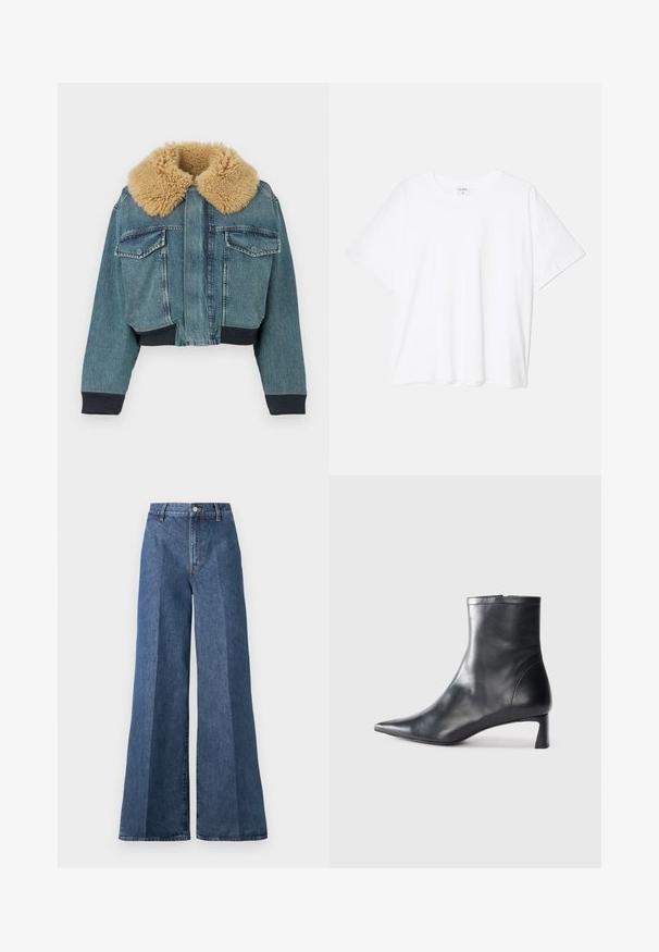 Veste en denim avec grand col en fausse fourrure beige, poches à rabat sur le devant, poignets côtelés et taille côtelée sur fond blanc.; T-shirt en coton blanc avec des manches courtes, un col rond, une coupe décontractée et un ourlet cousu. Étiquette visible à l'intérieur du col.; Jean en denim bleu à jambe large et taille haute, avec une coupe classique à cinq poches et une fermeture à bouton, fabriqué en tissu en coton texturé.; Bottine en cuir noir avec un bout pointu et un design épuré. Présente un petit talon et une fermeture éclair à l'arrière. Texture lisse.
