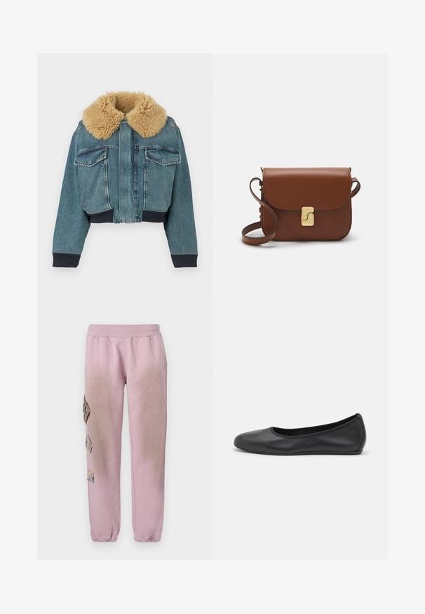 Jeansjacke mit großem beigem Kunstpelzkragen, vorderen Klappentaschen, gerippten Bündchen und geripptem Bund vor weißem Hintergrund.; Weißes kurzärmliges T-Shirt aus geripptem Stoff. Runder Halsausschnitt, normale Passform und dezente Nähte. Keine Muster oder Grafiken.; Rosa Sweatpants mit elastischem Bund, verziert mit dekorativen Patches in Diamantform auf der linken Seite und elastischen Bündchen an den Knöcheln.; Schwarze Leder-Ballettschuhe mit abgerundeter Spitze, glatter Textur, minimalen Nähdetails und einem flexiblen Sohlen-Design.; Braune Ledertasche mit Klappenverschluss, Beschlägen in Goldfarbe, einem Schultergurt und einer glatten Oberfläche. Kompakte rechteckige Form.