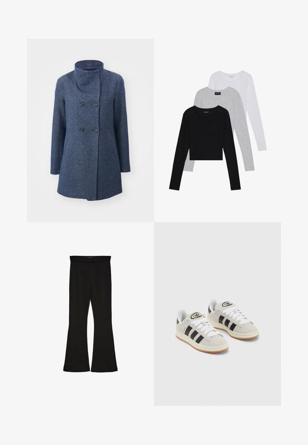 Divkārtīgs mētelis tumši zilā teksturētā audumā. Iezīmējas ar augstu apkakli un divām melnām pogām. Taisnais griezums ar garām piedurknēm.; Trīs garām piedurknēm veidotas augšdaļas, sakrautās: melna, pelēka un balta. Katram ir noapaļots kakla izgriezums un īsa dizaina forma ar gludu, vieglu audumu.; Melnas flared leggings, kas izgatavotas no stiepjama auduma. Iezīmējas ar platu jostasvietu un gludu tekstūru, ar pieguļošu siluetu, kas paplašinās pie apakšmalas.; Pelēkas zamšādas kedas ar baltām saites, melnām svītrām un baltu gumijas zoli. Raksturīga apļa logo uz mēles un gumijas zole.