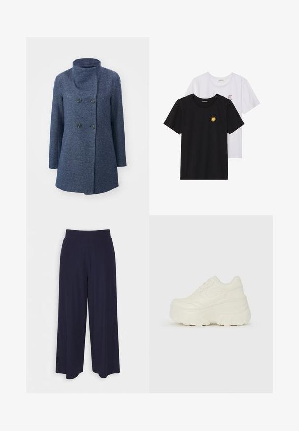 Cappotto doppiopetto in tessuto tessurizzato blu scuro. Presenta un colletto alto e due bottoni neri. Taglio dritto con maniche lunghe.; T-shirt in bianco e nero, girocollo, maniche corte. La maglietta nera presenta un ricamo di sole giallo; quella bianca ha un accento di luna crescente viola.; Pantaloni a gamba larga in tessuto navy scuro con una texture a coste. Presentano una vita liscia e una silhouette fluida, che arriva a metà polpaccio.; Sneakers bianchi con piattaforma, caratterizzati da una parte superiore simile alla pelle liscia, forma arrotondata, collo imbottito e suola in gomma testurizzata con scanalature ben definite.