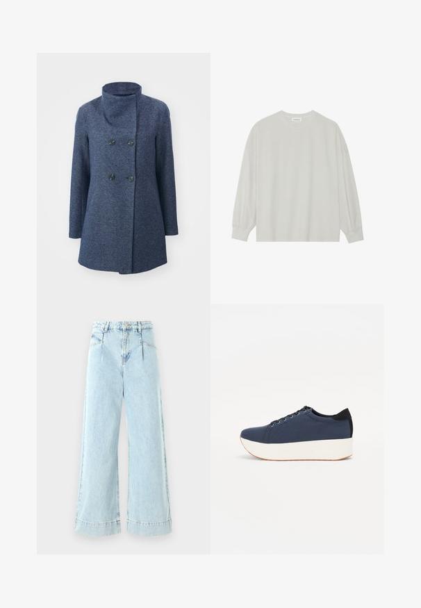 Double-breasted coat in dark blue textured fabric. Features a high collar and two black buttons. Straight cut with long sleeves.; Light gray long-sleeve t-shirt made of soft cotton. Features a loose fit, round neckline, and gently gathered cuffs. No patterns or graphics.; Light blue wide-leg jeans made of denim, featuring a high waist, front pockets, and stitched accents at the hem.; Navy blue sneaker with a textured fabric upper, white platform sole, rounded toe, and black heel accent. Features six eyelets for laces.