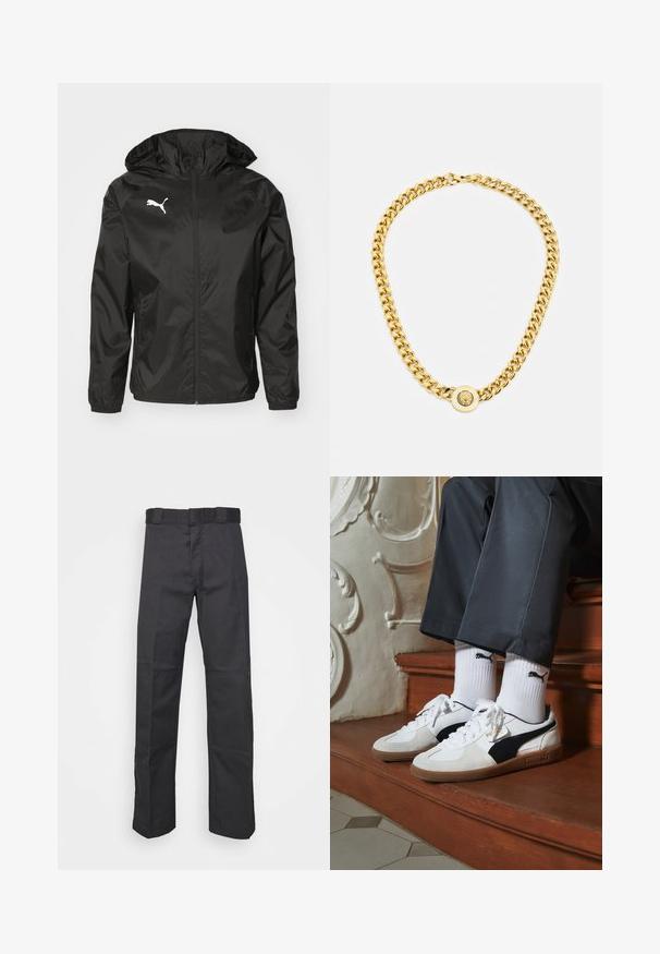Juodas vėjui atsparus džemperis, pagamintas iš lengvos medžiagos, su gobtuvu, priekiniais užtrauktukais ir baltu logotipu kairėje krūtinės pusėje.; Juodas sportinis marškinėliai su auksiniais akcentais ant rankovių ir šonų. Turi apvalų kaklą, trumpas rankoves ir drėgmę praleidžiančią DRYCELL medžiagą.; Juodos kelnės, pagamintos iš patvarios medžiagos, su tiesiais kaire, juosmeniu su diržo kilpomis ir siūlėmis, suteikiančiomis tekstūrą.; Puma sportbačiai baltoje ir juodoje zomšo spalvų derinys, su rudu guminio pado apdaila. Derinama su baltais kojiniais, kuriuose pavaizduota juoda logotipas, dėvimi su tamsiomis kelnėmis.; Auksinė grandinė su dideliais susijungusiais žiedais, centruje uždedamas apskritas pakabukas su iškilnia emblema.