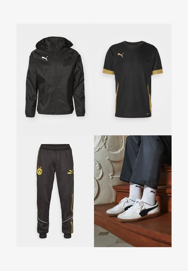 Jachetă neagră tip windbreaker, realizată dintr-un material ușor, având glugă, fermoar frontal și un logo alb pe pieptul stâng.; Tricou sport negru cu accente aurii pe mâneci și lateral. Dispune de guler rotund, mâneci scurte și țesătură DRYCELL care absoarbe umiditatea.; Pantaloni de trening negri cu logo-urile galbene Borussia Dortmund BVB 09 și Puma King, talie elastică și dungi laterale galbene cu model.; Adidași Puma din suede alb și negru, cu o talpă din cauciuc maro. Asortați cu șosete albe care au un logo negru, purtate cu pantaloni închiși la culoare.