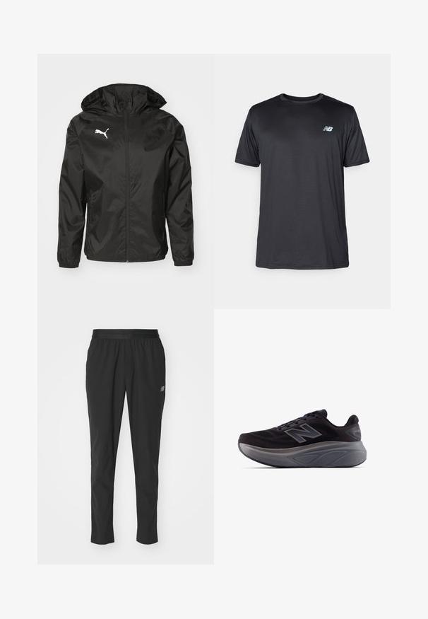 Zwarte windjack gemaakt van lichtgewicht materiaal, met een capuchon, een rits aan de voorkant en een wit logo op de linkerborst.; New Balance Sport T-shirt - black; Zwarte sportieve broek van lichtgewicht materiaal met een elastische tailleband, een taps toelopend ontwerp en een subtiele logodetail aan de zijkant.; Zwarte sportieve schoen met een gestructureerde bovenkant, versterkte hak en een dikke grijze zool. Heeft een opvallend "N"-logo.