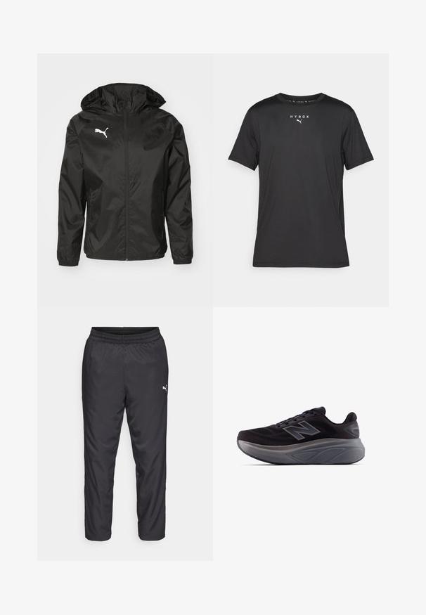 Černá větrací bunda vyrobená z lehkého materiálu, s kapucí, předním zipem a bílým logem na levém prsu.; Černé sportovní tričko s krátkým rukávem vyrobené z lehkého materiálu. Má kulatý výstřih a na přední straně potisk s logem "HYROX" a emblémem Puma.; Černé sportovní kalhoty vyrobené z hladkého, lehkého materiálu. Mají elastický pas a malé bílé logo na levé straně.; Černá sportovní bota s texturovaným svrškem, vyztuženým podpatkem a tlustou šedou podrážkou. Obsahuje výrazné logo "N".