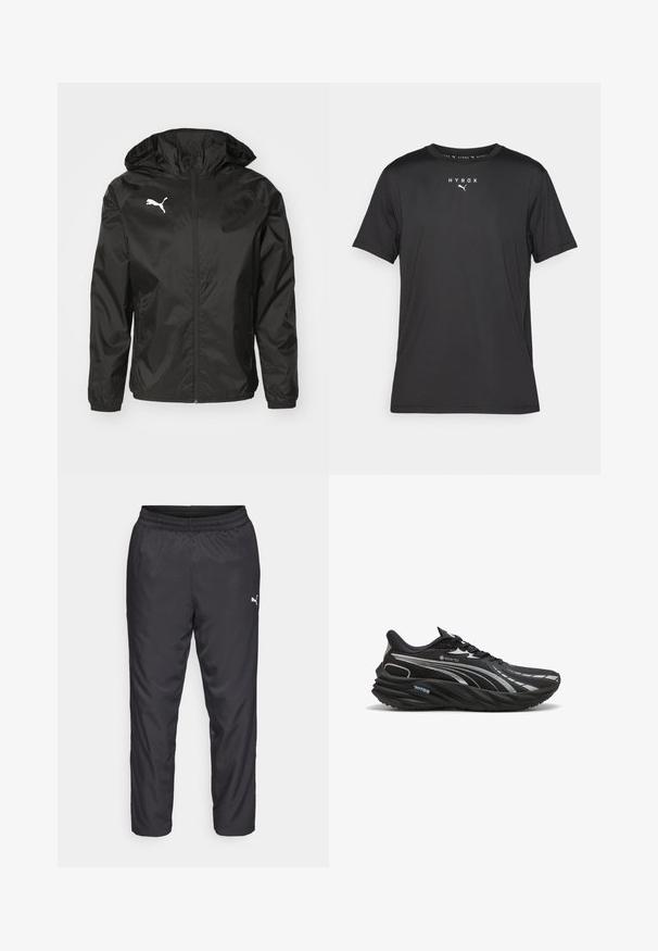 Giacca a vento nera realizzata in materiale leggero, dotata di cappuccio, zip frontale e un logo bianco sul lato sinistro del petto.; T-shirt sportivo nero a maniche corte realizzato in tessuto leggero. Caratterizzato da un colletto a girocollo e dal logo stampato "HYROX" con il simbolo Puma sul davanti.; Pantaloni sportivi neri realizzati in materiale liscio e leggero. Presentano un elastico in vita e un piccolo logo bianco sul lato sinistro.; Scarpa da corsa nera realizzata in materiale GORE-TEX, con una tomaia testurizzata, suola curvata e dettagli riflettenti argentati.