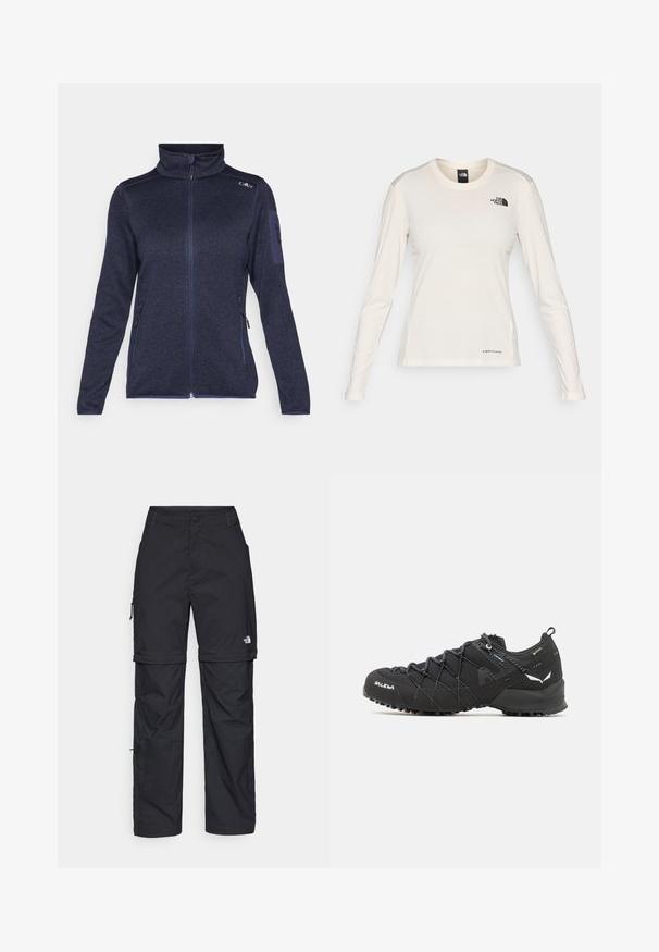 CMP Spordijakk - blue; The North Face SHADOW LONG SLEEVE - Pikkade varrukatega topp - white dune; Mustad nailonist valmistatud eemaldatavad cargo-püksid, reguleeritavate pahkluudega, mitmete taskutega ja paremal jalal logoga. Sile, kerge tekstuur.; Mustad matkajalatsid tekstuurse kangas ülaosaga, sidumisüsteemiga ja jäiga kummitaldiga. Kaunistatud peegeldavate detailide ja logodega.