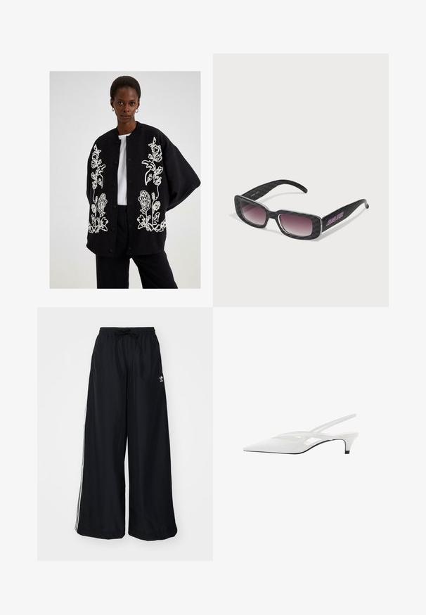 Črno jakno z belo cvetlično vezenino, z zaponkami na pritiskače in sproščenim krojem. Stilizirano z belo majico in črnimi hlačami.; Črn rebrast top s kratkimi rokavi in nastavljivimi tankimi naramnicami, ki ima tri bele črte na straneh in majhen bel Adidasov logotip na sredini.; Črne široke hlače iz lahkega blaga. Imajo elastičen pas z vrvico in bele stranske črte. Logotip blagovne znamke na boku.; Bela slingback peta z ošiljenim nosom, z gladkim zgornjim delom, subtilnimi izrezi in nizkim blok petkom. Črna podplat poudarja dizajn.; Sončna očala s črno karo vzorcem, kvadratnimi okvirji, gradientnimi lečami in vijoličnim logotipom na enem izmed krakov.