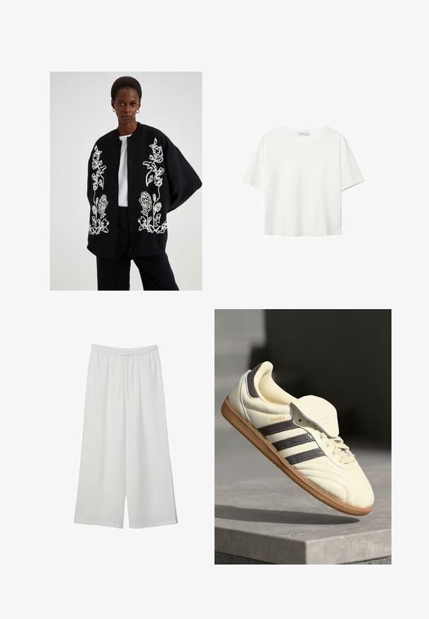 Svart jacka med vit blommig brodyr, tryckknappar och avslappnad passform. Stylad med en vit t-shirt och svarta byxor.; Vit t-shirt med kort ärm i bomull. Har en rundad halsringning och en avslappnad passform. Slät textur utan synliga mönster eller detaljer.; Vita vida byxor i lätt tyg med elastisk midja och dragsko för justerbar passform. Mjuk textur.; Krämfärgad lädersneaker med tre mörka ränder, en brun gummisula och rundad tå. Har en vikbar tunga märkt "SAMBA."