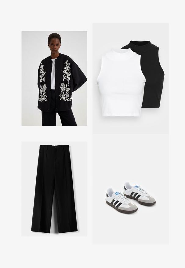Black oversized jacket with white floral embroidery on the front, made from a soft fabric, featuring a round neckline and snap-button closure.; Two sleeveless ribbed turtleneck tops in black and white, featuring a fitted design and smooth texture, with cropped length.; Black wide-leg trousers made of lightweight fabric, featuring a front button closure and flat front, with neatly stitched hems.; Sport shoes with a white leather upper, gray suede toe, and three black stripes. Features a blue logo on the tongue and a textured rubber sole.