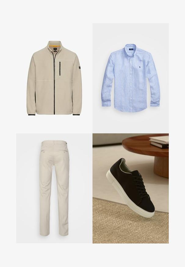 Beige fleecjas met een hoge kraag, volledige ritssluiting aan de voorkant, zwarte rits borstzak en contrasterende zwarte zijpanelen.; Blauw-wit gestreept overhemd met lange mouwen van katoen, met een button-down kraag, knopen aan de voorkant en een klein geborduurd logo op de borst.; Beige broek met een gladde textuur, rechte snit, twee achterzakken met knopen en een standaard tailleband.; Zwarte sneaker met witte zool die boven een beige gestructureerd tapijt zweeft, nabij een ronde houten tafel met gestapelde boeken.