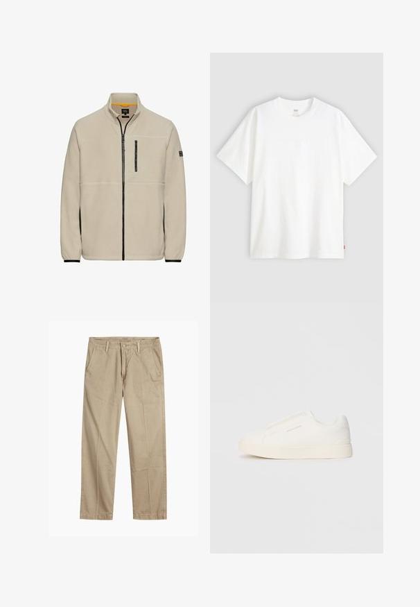 Beige fleece jacket with a high collar, full-length front zipper, black zippered chest pocket, and contrasting black side panels.; White short-sleeve t-shirt made of cotton with a crew neck. Features subtle embossed logo detail on the front and a red label at the hem.; Beige straight-leg chinos with belt loops, front button and zipper closure, and slant front pockets.; White slip-on sneakers with a textured surface, a thick sole, and minimalistic design. Features brand logo on the side.