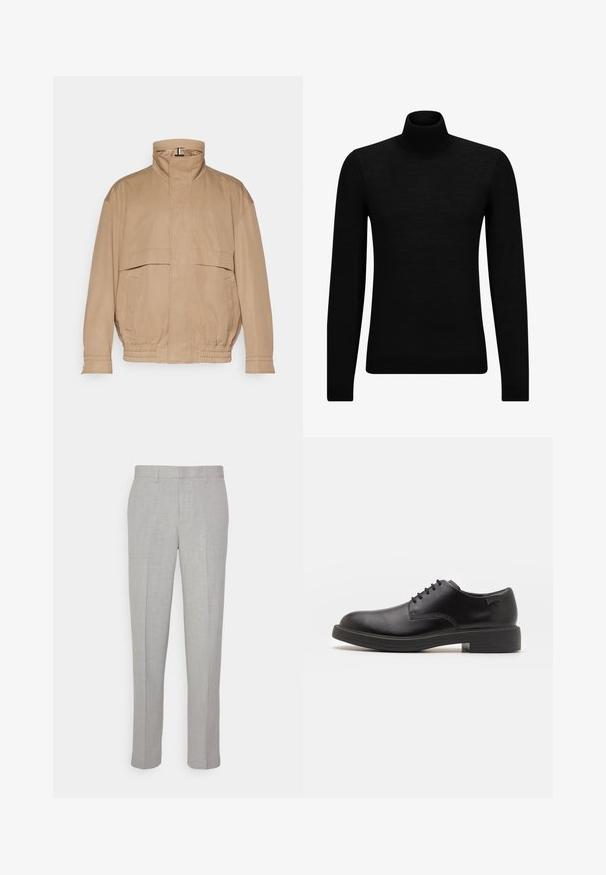 Light brown, lightweight jacket made of soft fabric. Features a high collar, two front pockets, elasticized hem, and cuff details.; Black turtleneck sweater made of soft material, featuring long sleeves and a snug fit. Ribbed trim at the hem and cuffs. Simple design.; Light gray trousers with a smooth texture, flat front, and straight legs. Made of breathable fabric, featuring internal pockets and belt loops.; Black leather lace-up shoe with a rounded toe, smooth texture, minimal stitching, and a low rubber heel. Logo on the heel.