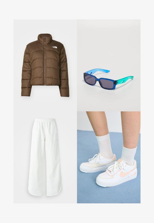 The North Face Χειμωνιάτικο μπουφάν - smokey brown; Λευκό βαμβακερό μπλουζάκι με στρογγυλή λαιμόκοψη και κοντά μανίκια. Διαθέτει ένα μικρό μαύρο λογότυπο Nike στο στήθος. Απλός και κομψός σχεδιασμός.; Λευκό αθλητικό παντελόνι σε φαρδιά γραμμή με ραμμένο ζώνη και διακριτική λεπτομέρεια λογότυπου. Απαλή υφή με άνετη εφαρμογή και στενό στρίφωμα.; Λευκά αθλητικά παπούτσια με ροζ αποχρώσεις, λείος δερμάτινος άνω μέρος, περφορέ σόλα, υφή σόλα και κορδόνια. Φορεμένα με λευκές κάλτσες μέχρι τον αστράγαλο σε μπλε επιφάνεια.; Μπλε και πράσινα γυαλιά ηλίου με ορθογωνικούς φακούς; διαφανείς σκελίδες; υφή μπλε βραχίονες; σκούροι φακοί; αξιοσημείωτη σήμανση στο πλάι.