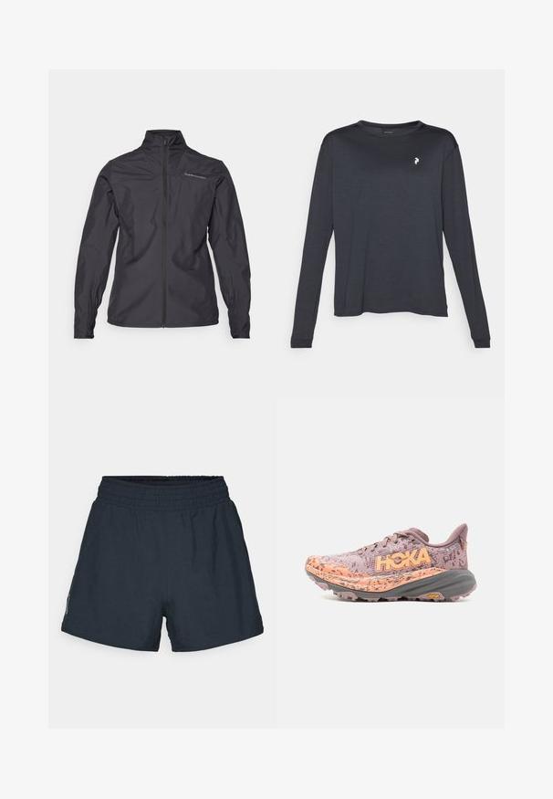 Melna viegla jaka ar augstu apkakli, pilnu priekšējo rāvējslēdzēju, elastīgām piedurknēm un logo kreisajā krūtīs. Gluda faktūra.; Tumša, garām piedurknēm T-kreklā, izgatavota no strukturēta auduma, ar apaļu kakla izgriezumu un mazu baltu logotipu kreisajā krūšu daļā.; Tumši navy sporta šorti, kas izgatavoti no viegla auduma. Elastīga jostasvieta, brīva piegriezuma un bez redzamām kabatām vai rakstiem.; Trekkošanas kurpe ar fakturētu lavandas krāsas virsu, oranžiem akcentiem un izturīgu pelēcīgu zoli. Iespējas ietver izteiksmīgu logotipu un Vibram zīmolu.